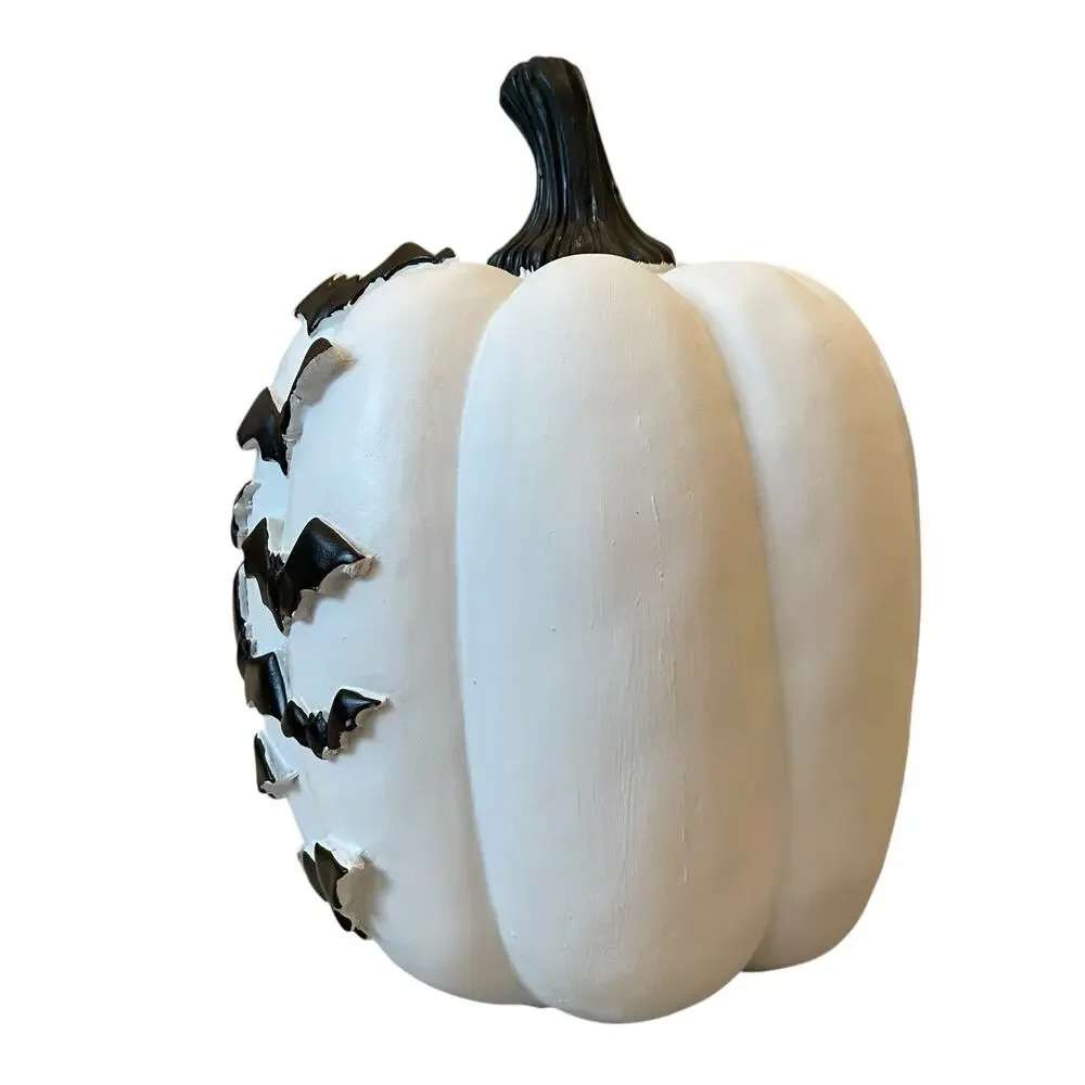 Black Flying Bats White Resin Pumpkin 12in Hauntingly Chic Halloween Decor NEW